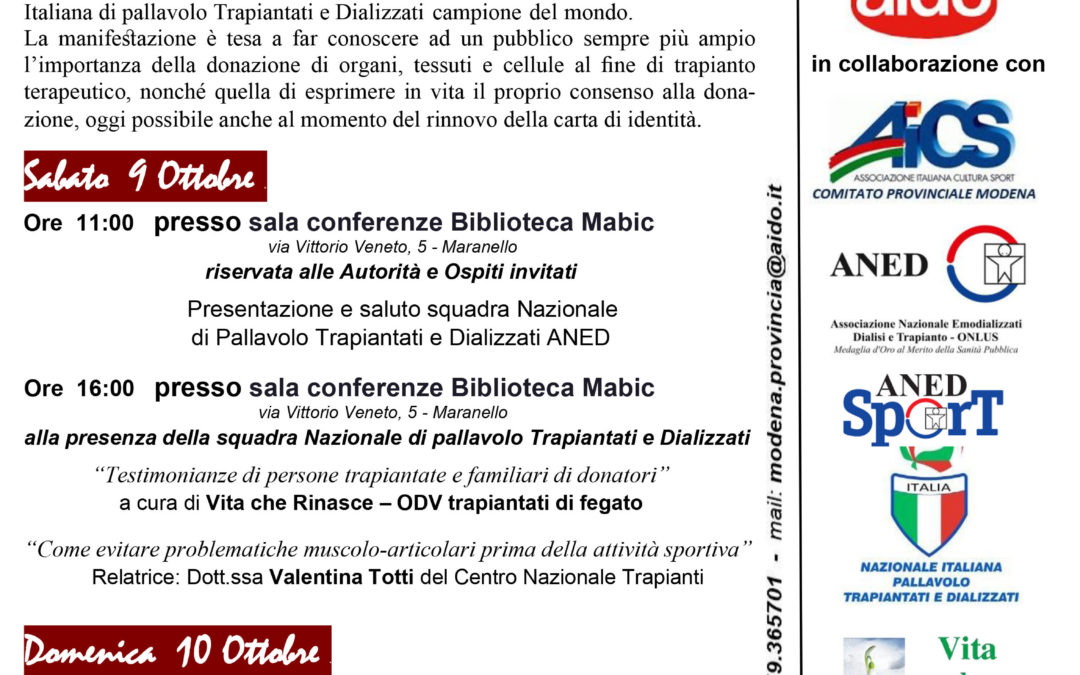 Maranello-Modena Evento 9/10 ottobre per Donazioni e Trapianti